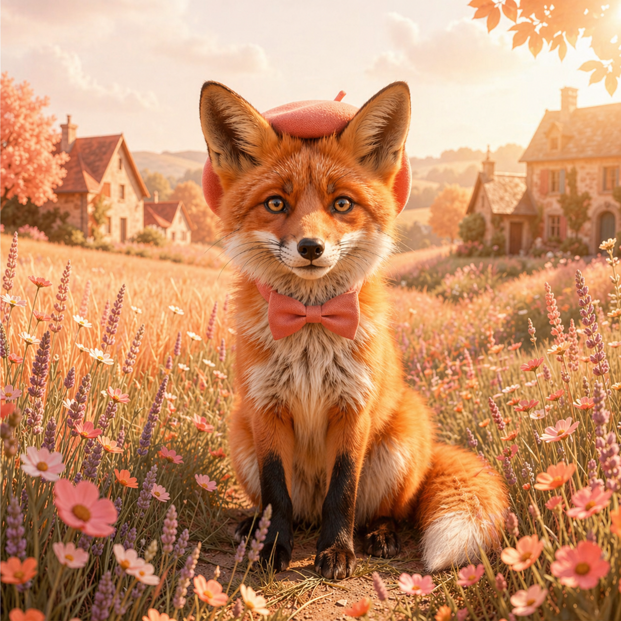 Image représentant Marcel le renard, ambassadeur de la marque Cool'in. Renard chic portant un béret et un noeud papillon dans la campagne française.