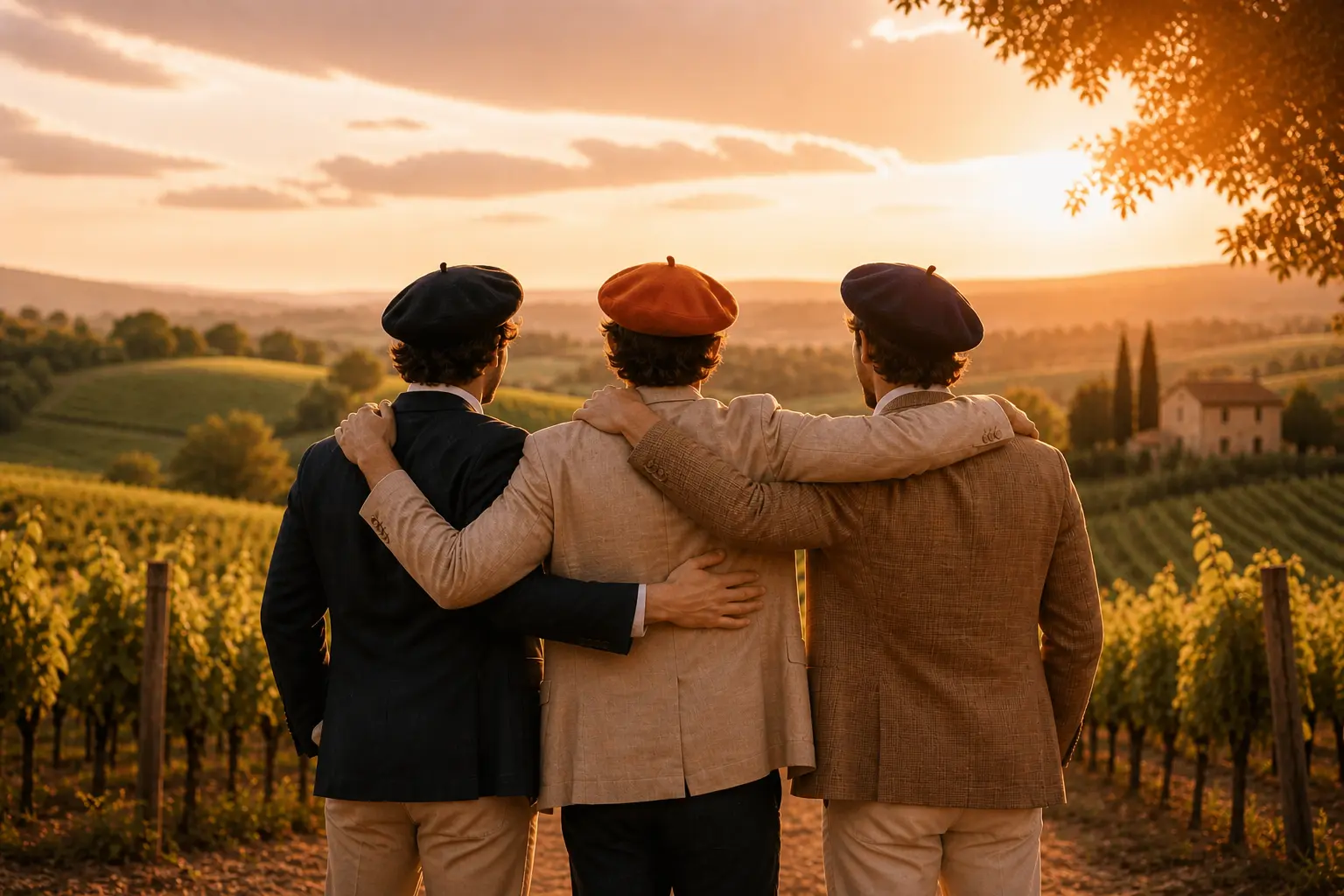 Trois amis en béret dans les vignes françaises au coucher de soleil – univers COOL’IN sans alcool