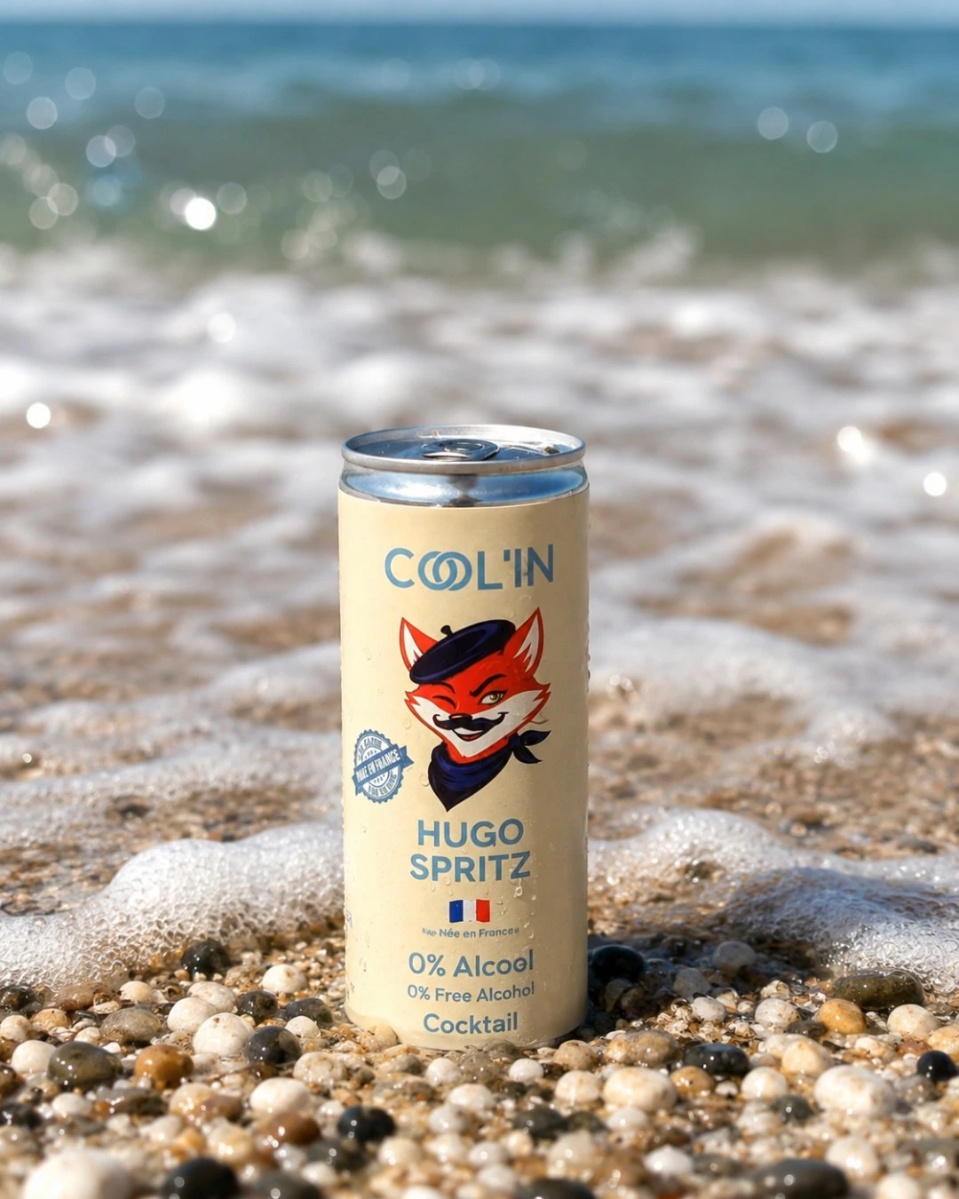 Canette hugo spritz de cool'in sur le sable à la plage